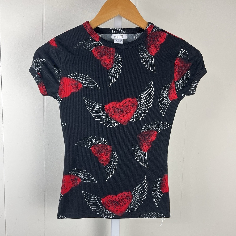 Rue 21 Babydoll Tee Size XS Black Red Hear Angel Wing T-Shirt Ribbed